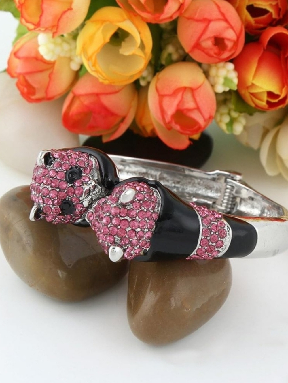 Vintage Pink Crystal Double panda Bracelet